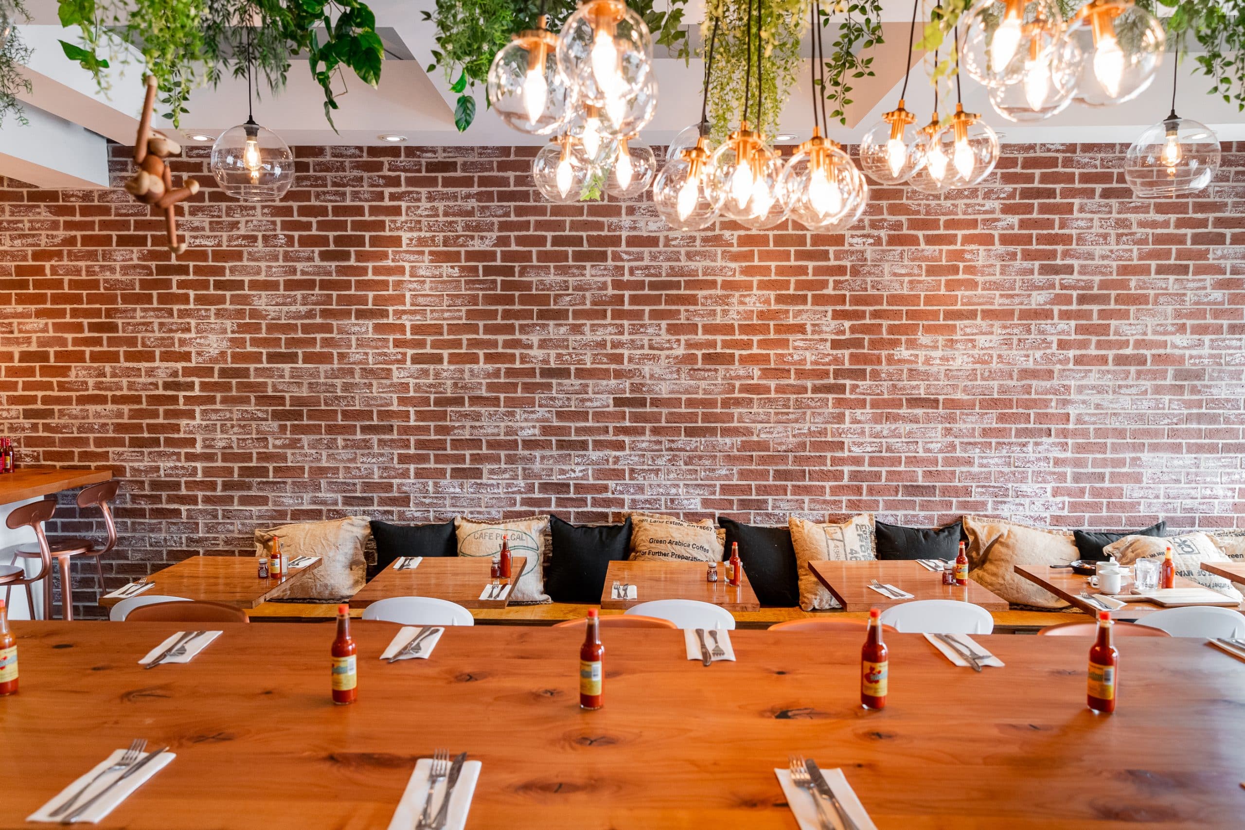 Communal cafe table under hanging greenery and pendant lighting, a biophilic seating trend