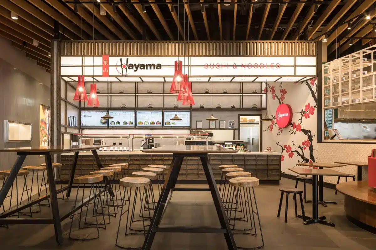 Restaurant Interior Design: Ideas From Real NZ Projects 1 Hayama Airside at Auckland Airport with high communal tables and stools in front of the sushi and noodle counter